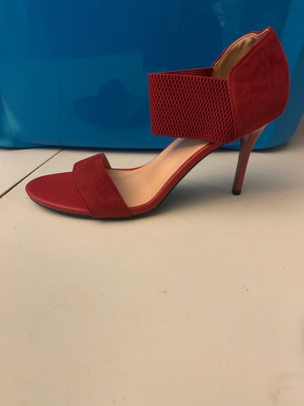 Amazon Red Suede Open-Toe Ankle Strap Stiletto